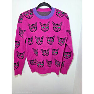 Women's All-Over Cat Print Crewneck Sweater Size S Purple Vibrant Fun